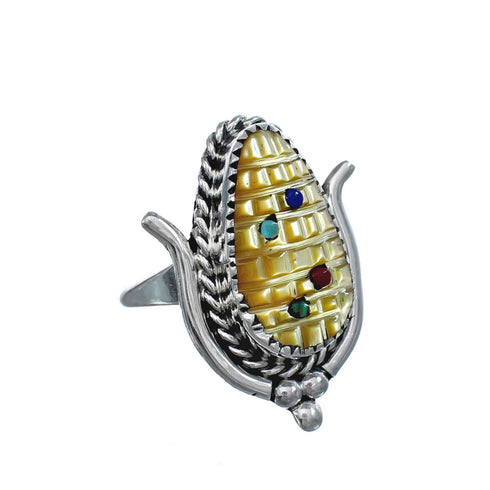 Native American Zuni Multicolor Multistone Sterling Silver Corn Ring Size 8-1/4 JX124157